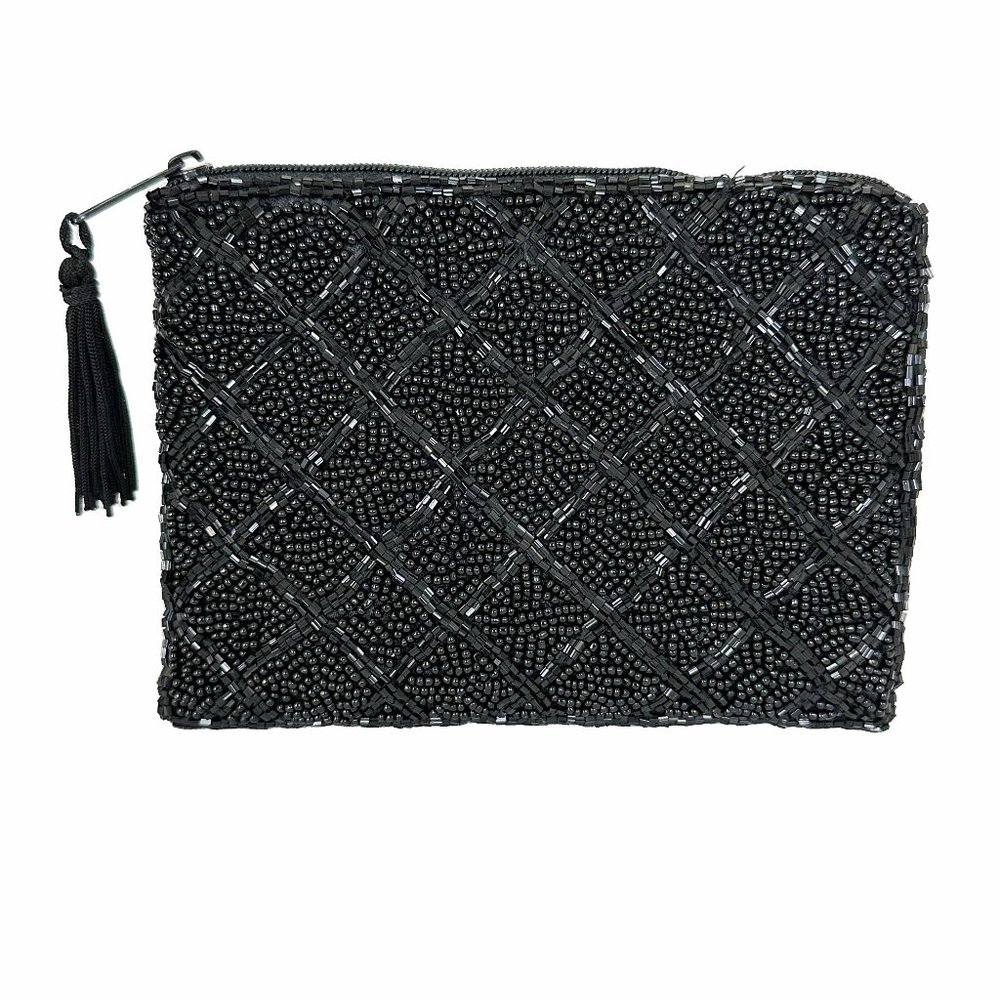 Beaded Fancy Sparkly Tiny Black Prom Evening Formal Clutch Zipper Pouch Bag